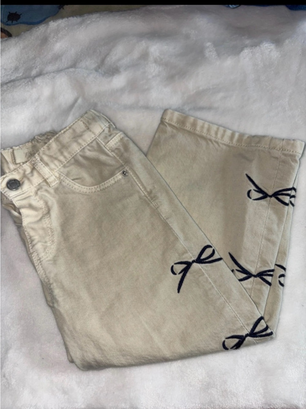 Beige kid Jeans with Black Bow Embroidery